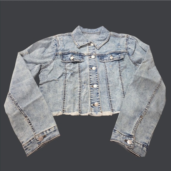 Source Unknown Jackets & Blazers - Women's Distressed Cropped Denim Jacket Light Wash Frayed Hem Size Large Blue